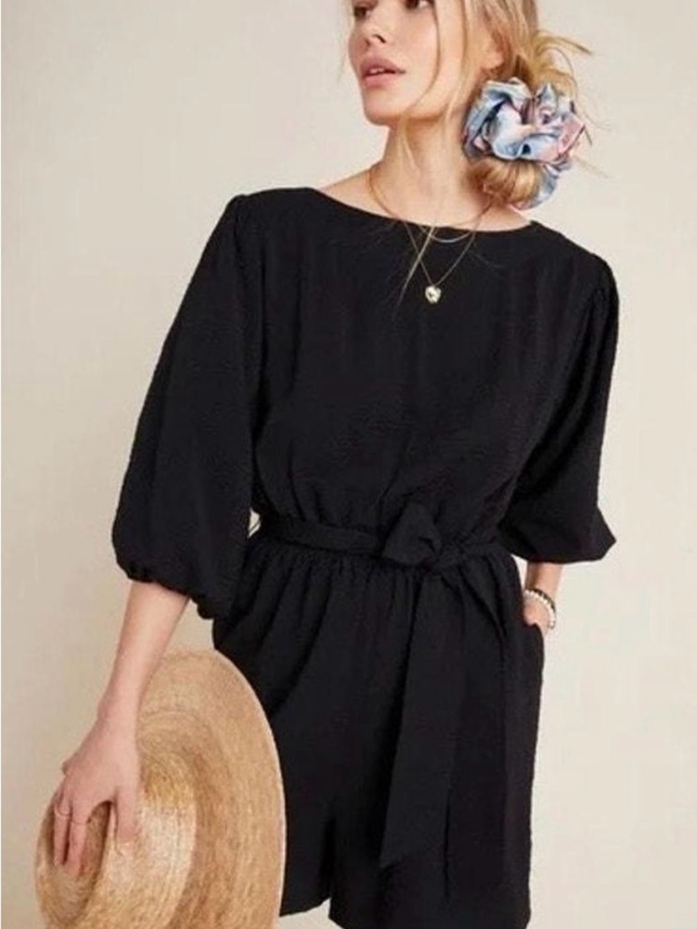 Anthropologie balloon sleeve romper 3/4 sleeves shorts dressy date night